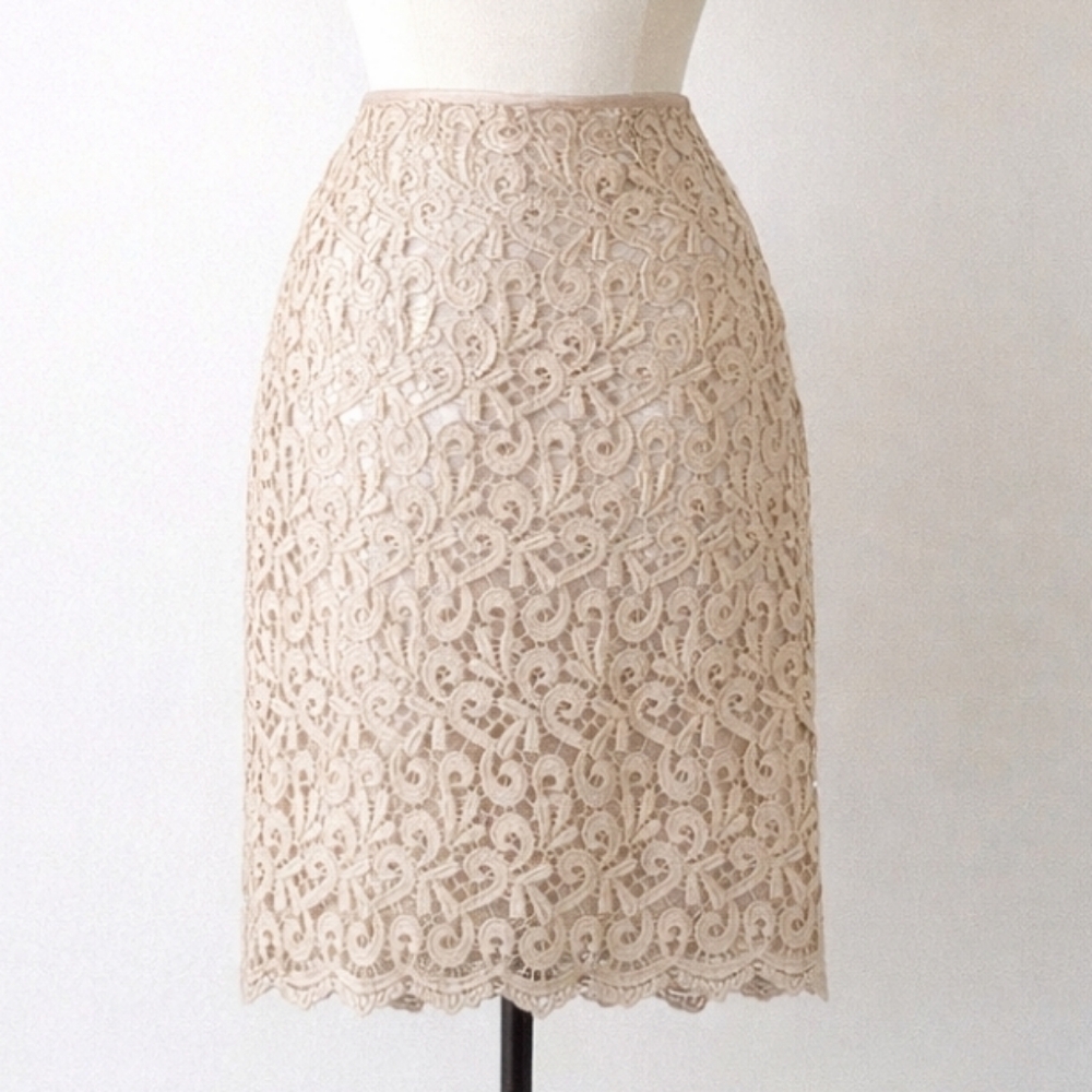 Vintage 90's Gold Metallic Lace Pencil Skirt | Champagne Satin Lined MEDIUM
